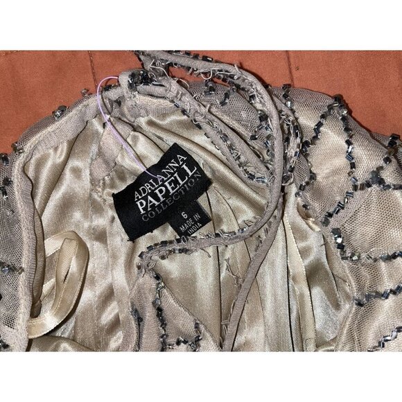 Adrianna Papell Beaded Mesh Blouson Gown Champagne Taupe Silver sz 6 Bridesmaid - Picture 10 of 11
